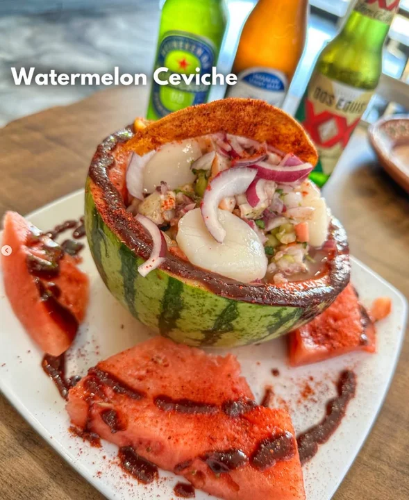 Ceviche served in a watermelon